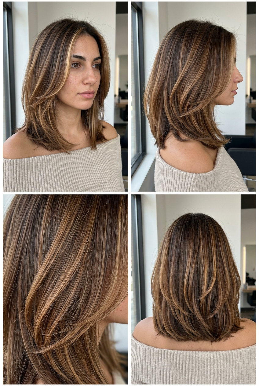 shoulder-length caramel swirl long bob with warm caramel highlights and face-framing layers for playful style