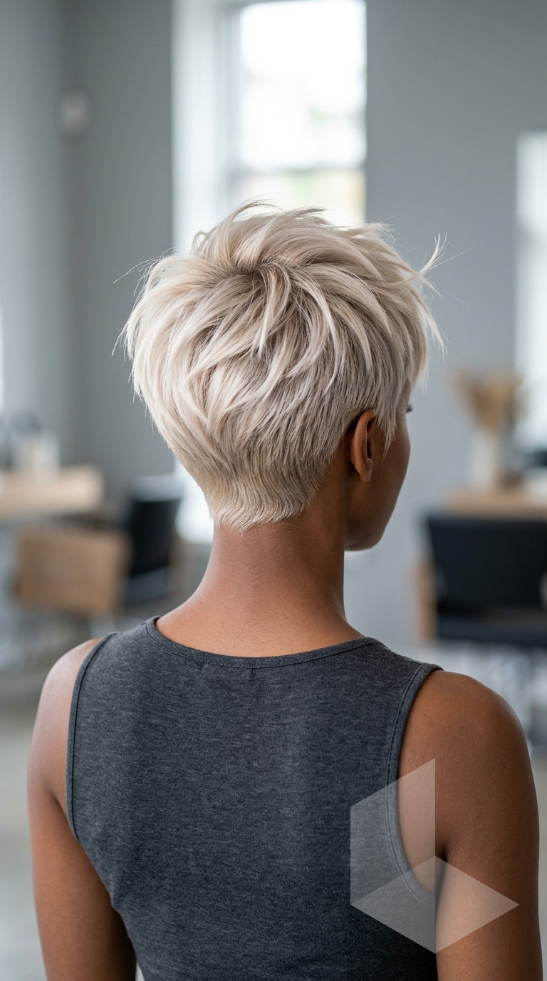 very short champagne blonde pixie with cool platinum undertones and choppy fringe