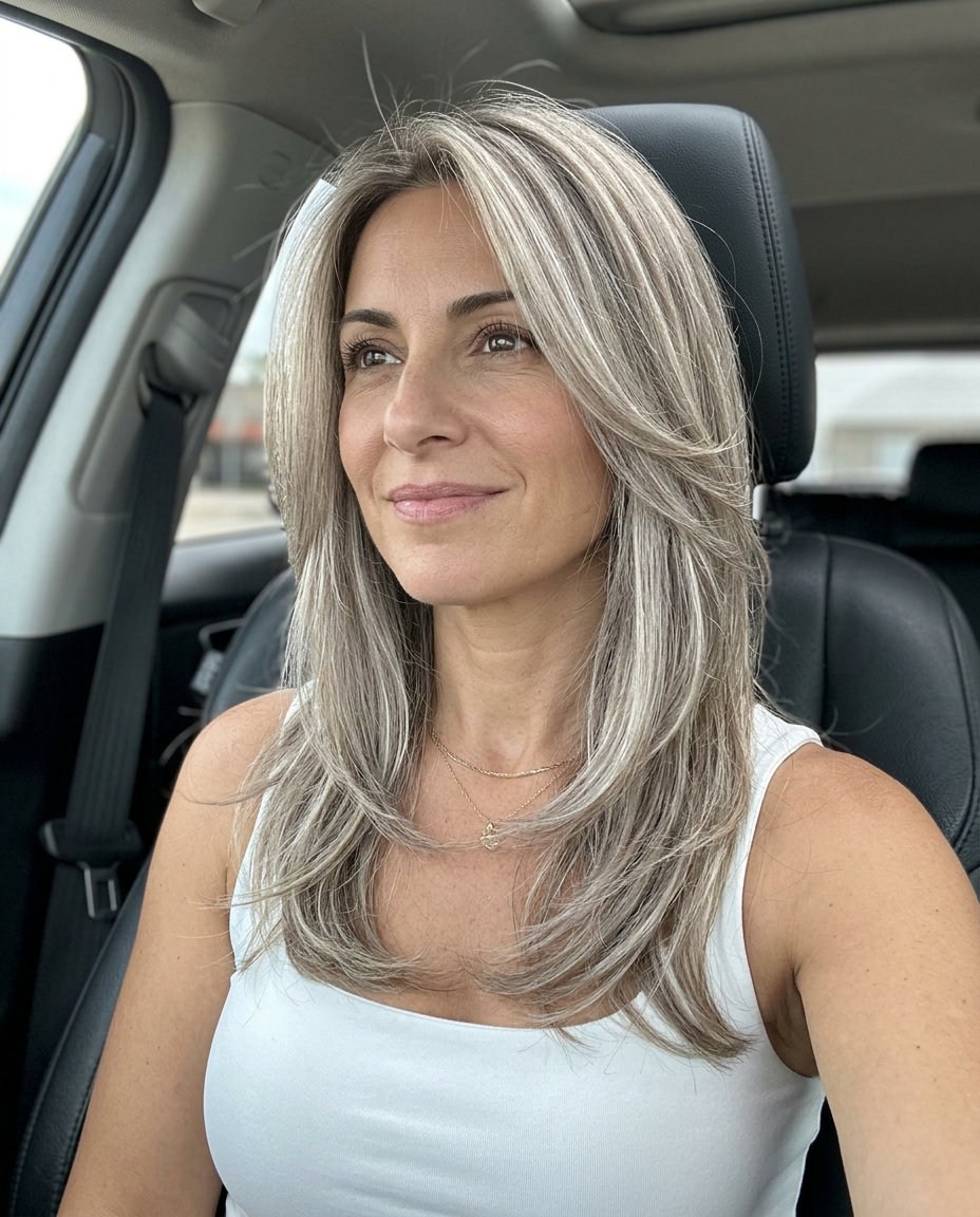 Luminous Gray Blend Haircut: Champagne & Pearl 2026 long champagne gray haircut with pearl babylights, sweeping layers, face-framing pieces — elegant sophisticated