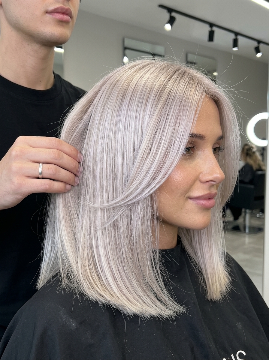 long pale champagne ice ash blonde with all-over cool tone, salon process — glamorous night out