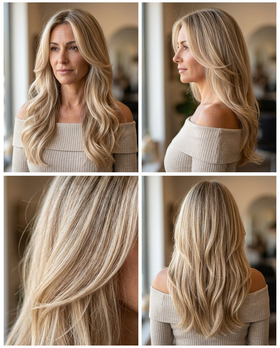 Champagne Blonde Long Layers 2026 long layered haircut in champagne blonde with babylights and face-framing layers for a romantic event