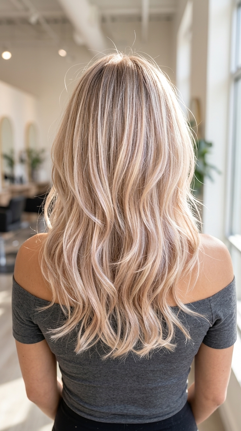 medium layered champagne pop sparkle hair color with peach and silver reflects, razored cut, playful glamorous mood