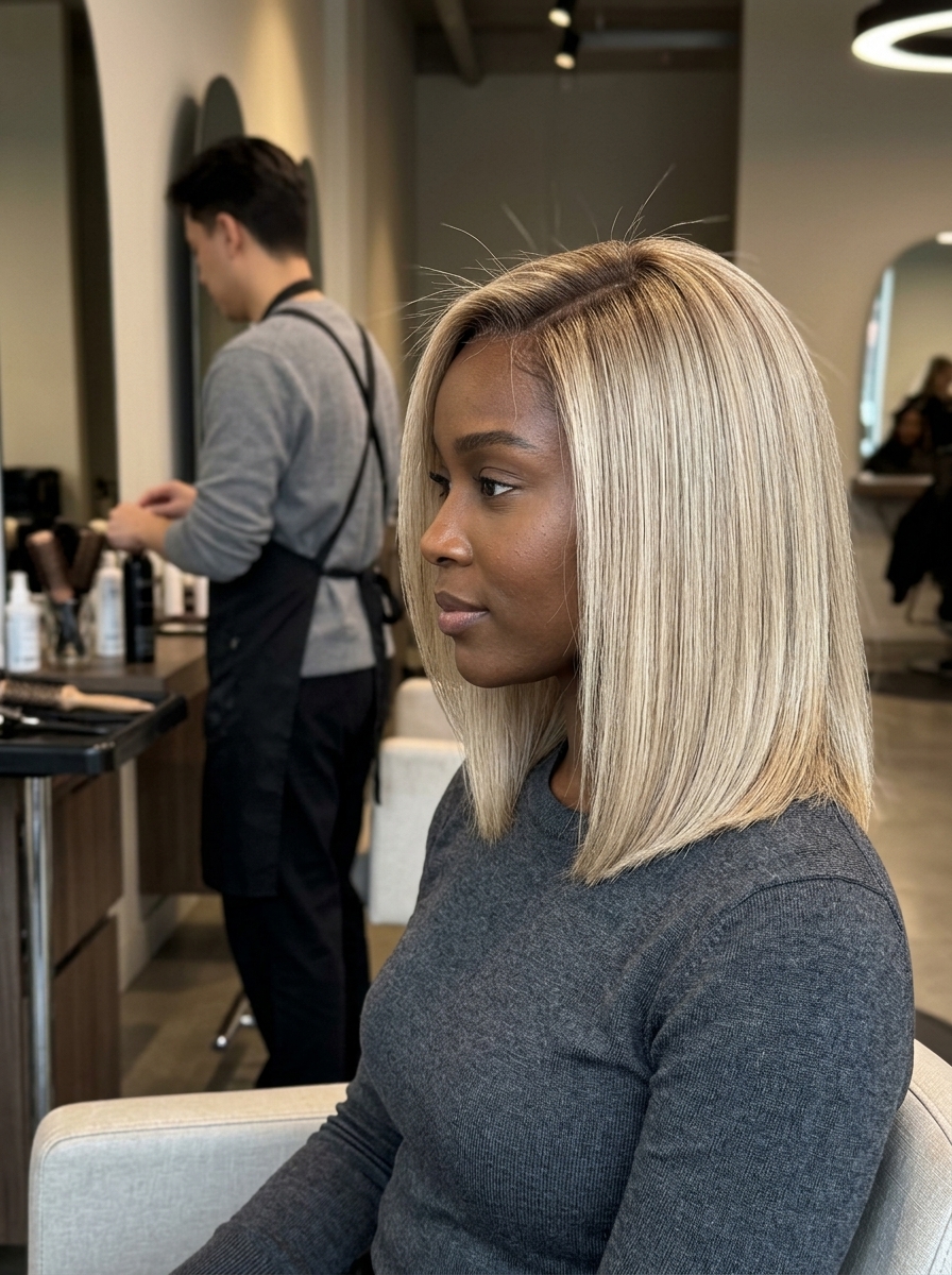 shoulder-length blunt lob with champagne blonde and root smudge for professional events
