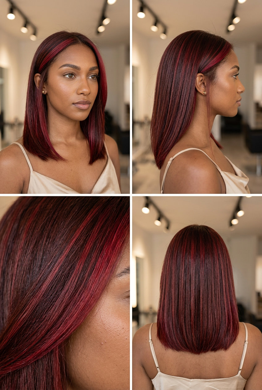 long sleek auburn cherry red highlights with peek-a-boo effect, foilyage technique — bold concert look