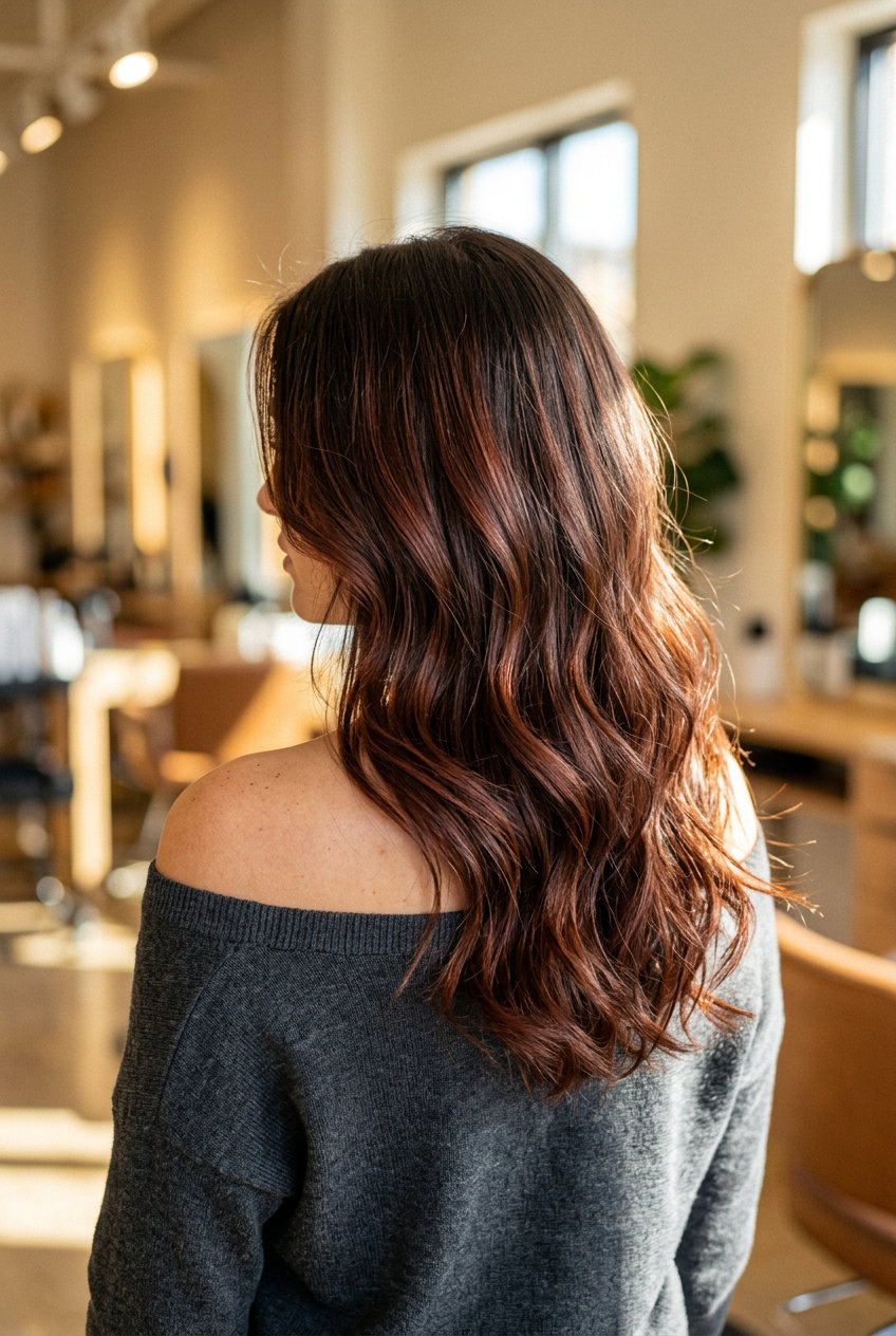long chocolate brunette hair color with cherry chocolate shadow root, subtle warmth, romantic mood