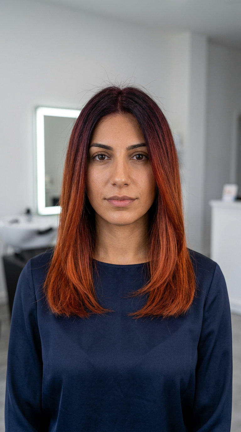 long cherry cola auburn haircut with shadow root, violet-red undertones, no fringe — sultry