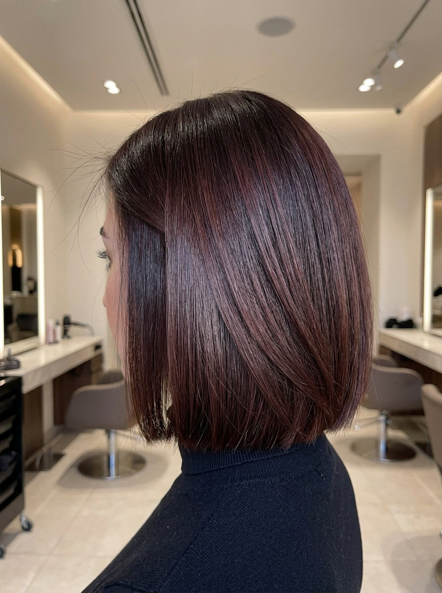 chin-length blunt bob with deep cherry cola brunette, razor-sharp perimeter, no layers — bold, playful, edgy