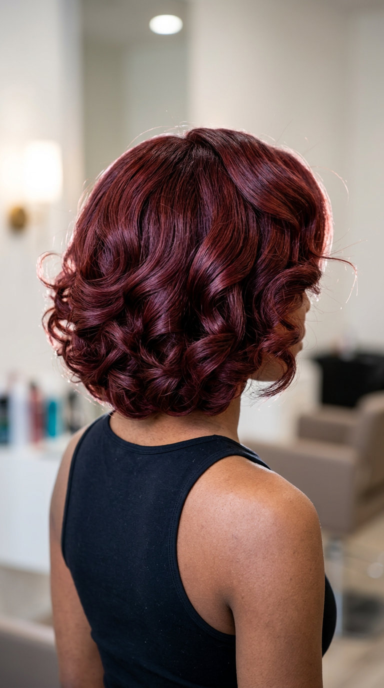 chin-length bob haircut with cherry cola red, face-framing layers for glamorous retro style