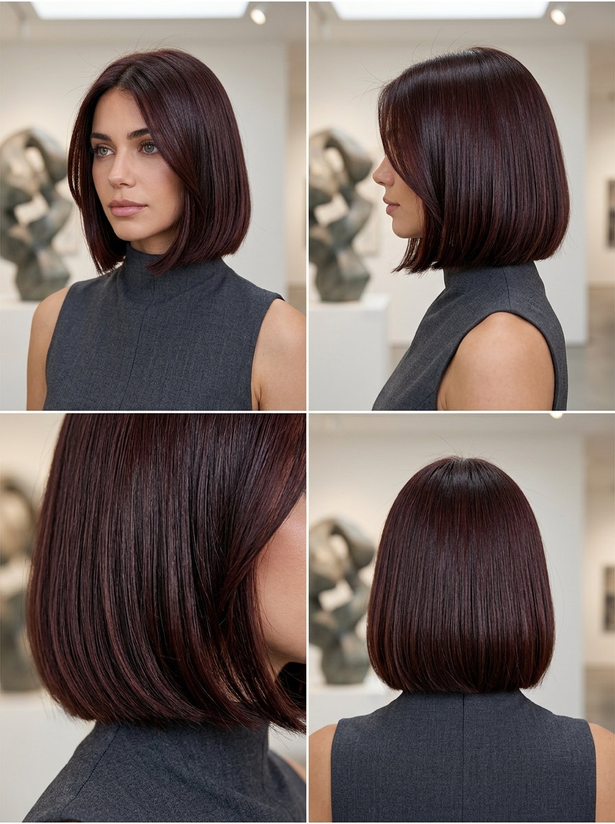 chin-length bob haircut with deep cherry cola brunette and sculpted blunt ends for summer