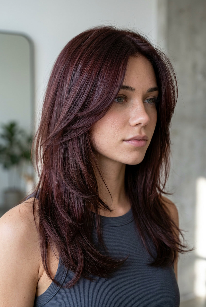 long haircut in deep cherry cola with violet undertones, wispy internal layers, soft fringe — edgy cool style