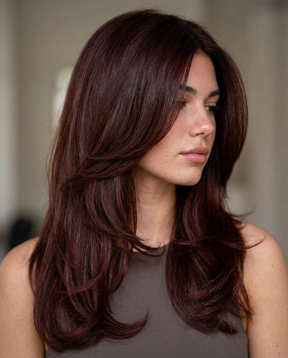 long cascading layered haircut in deep cherry cola with violet undertones, waterfall cut for formal event