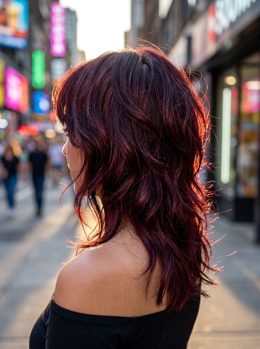 medium shag haircut in cherry cola burgundy with choppy layers and wispy bangs for edgy festival looks