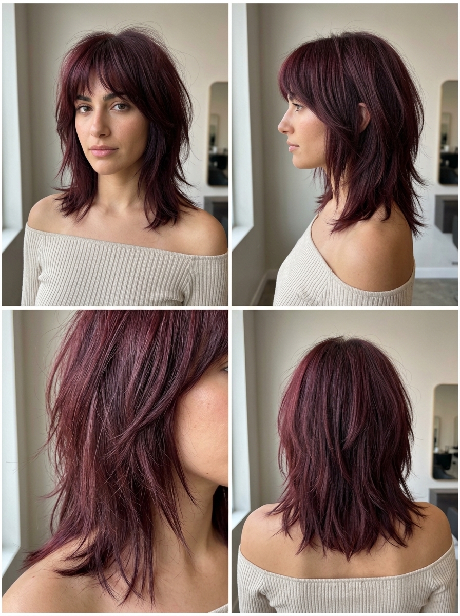 medium shag haircut in cherry cola red, razored layers, eyebrow fringe — edgy summer haircut 2026