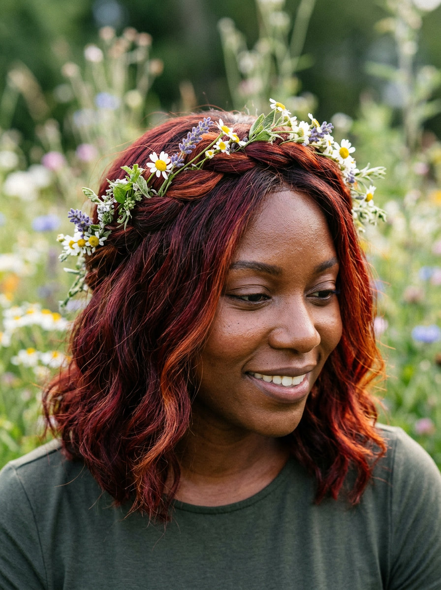 Ethereal Flower Crown Braid 2026 long wavy ethereal flower crown braid with cherry cola red, Dutch braid technique, no fringe — romantic festival style