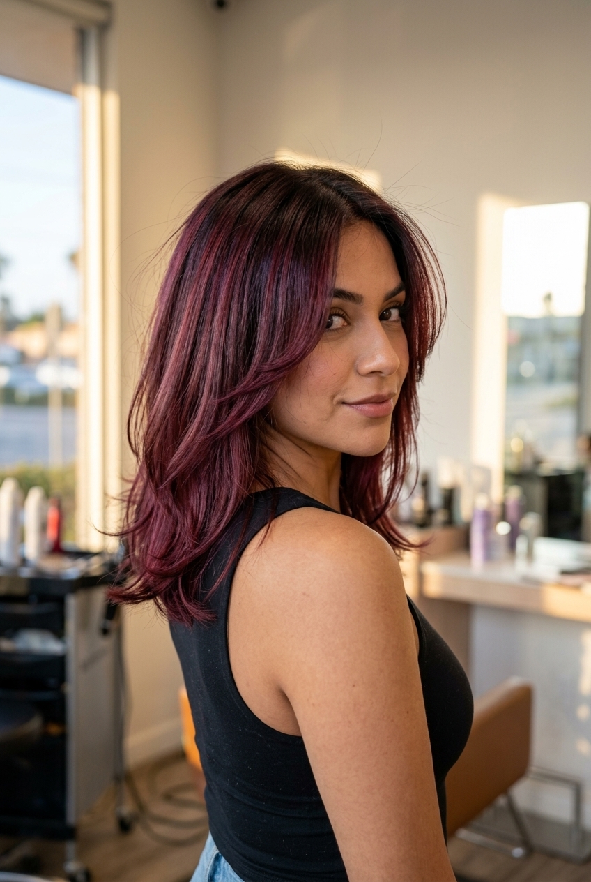 past-collarbone cut with cherry cola red, balayage, chin-length layers — playful summer haircut 2026