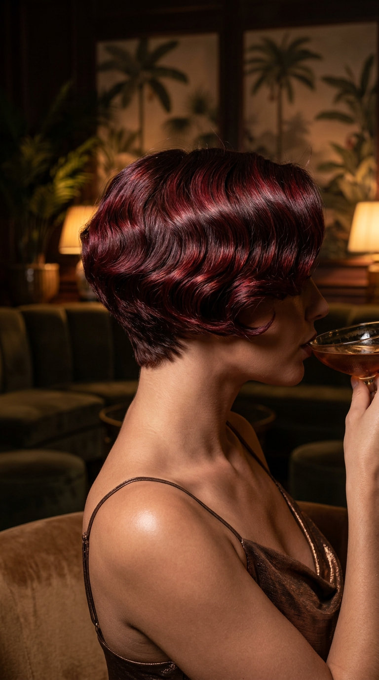 Cherry Cola Waves 2026: Retro Glam short haircut with cherry cola red color, sculpted waves, no fringe — glamorous cocktail party