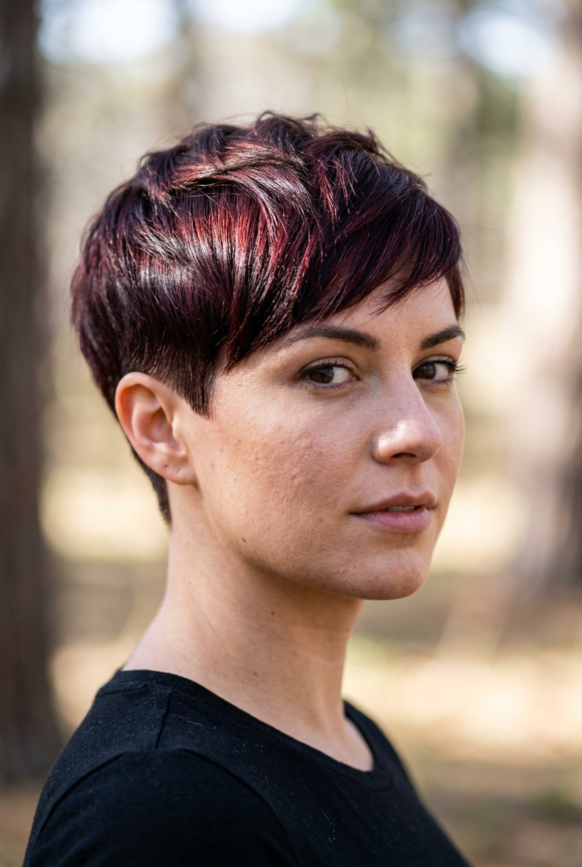 very short pixie haircut in deep brunette with red-violet undertones, tapered sides, razor-cut perimeter — bold sleek