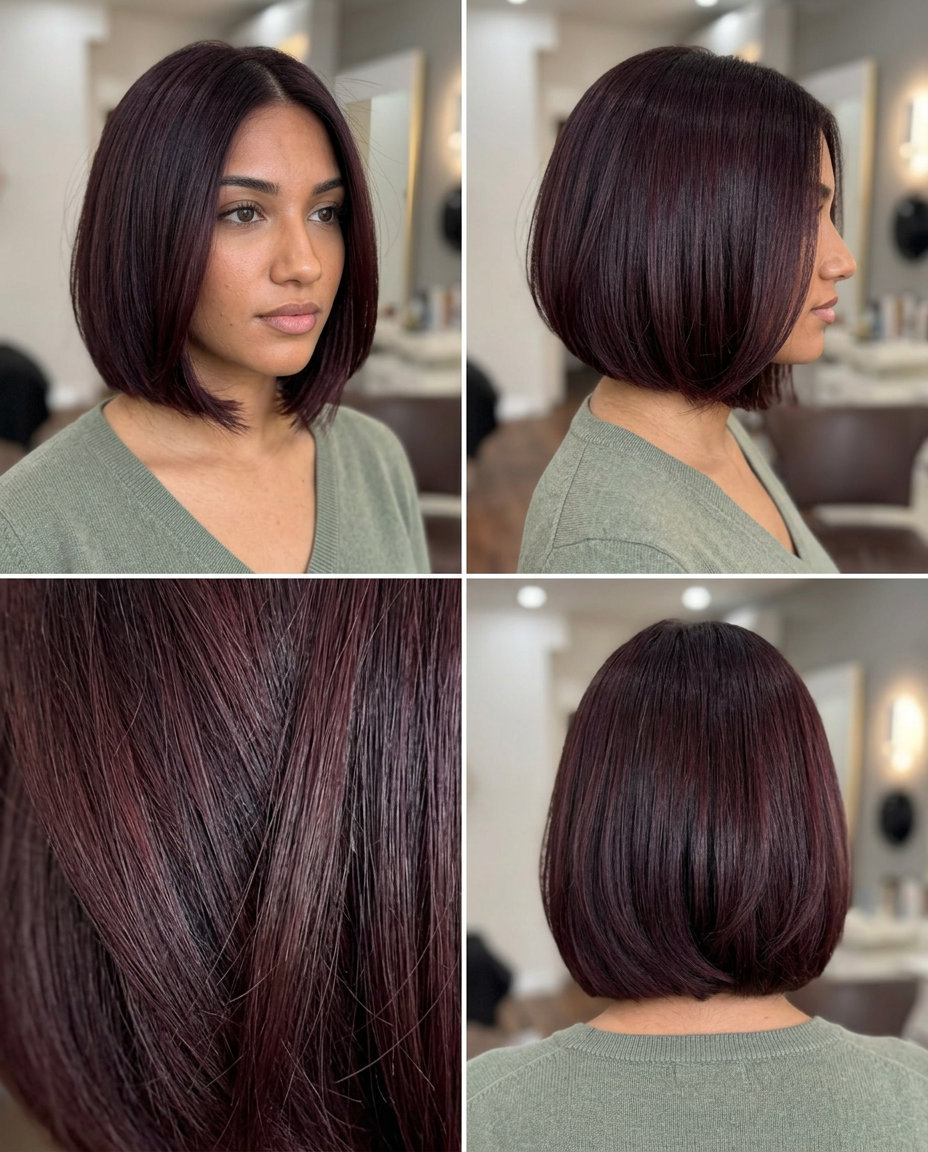chin-length bob haircut in deep cherry red with violet undertones, sleek glass hair for 2026