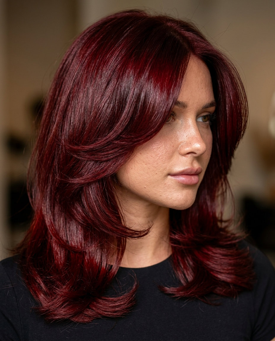 long butterfly haircut in deep cherry red with mahogany lowlights, point-cut sweeping layers, no bangs — glamorous date night look
