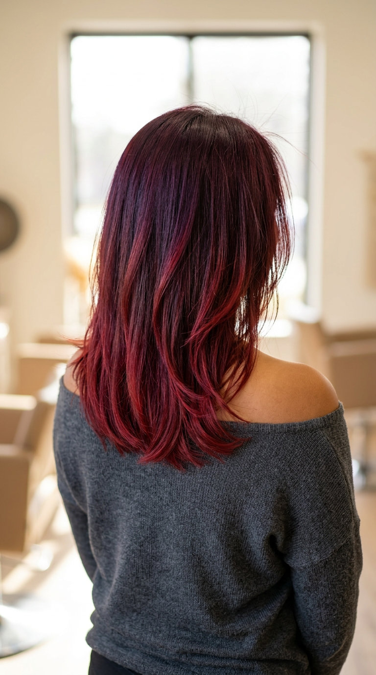 long layered ombre hair color with violet-red, cherry red, ruby accents, vibrant gradient — bold edgy style