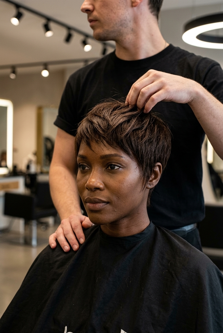 short textured chestnut brown pixie haircut with razored layers for edgy style