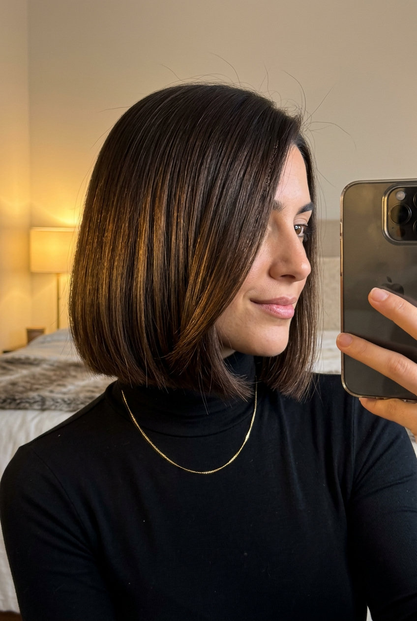 chin-length blunt bob haircut in deep chocolate brown with golden-amber undertones for summer
