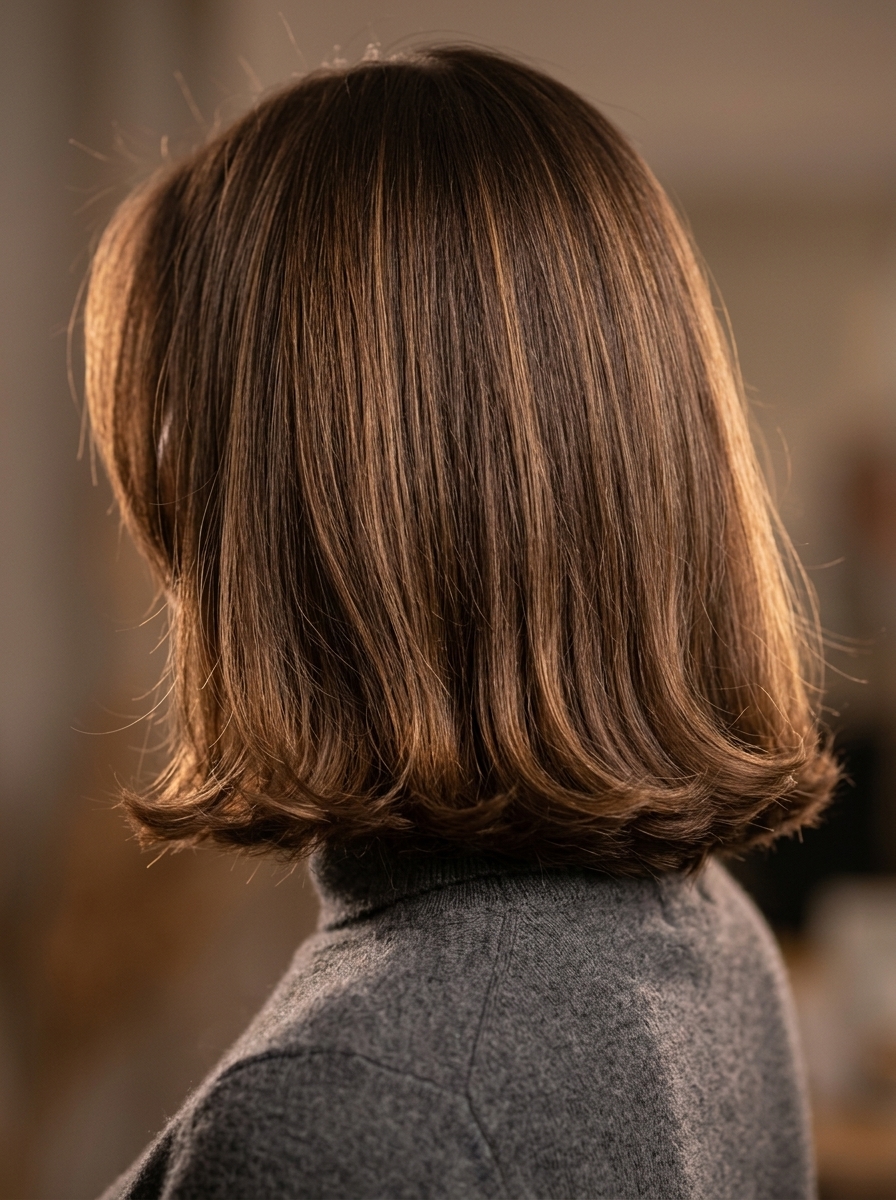 medium blunt lob haircut in chocolate brown with caramel babylights, polished waves for events