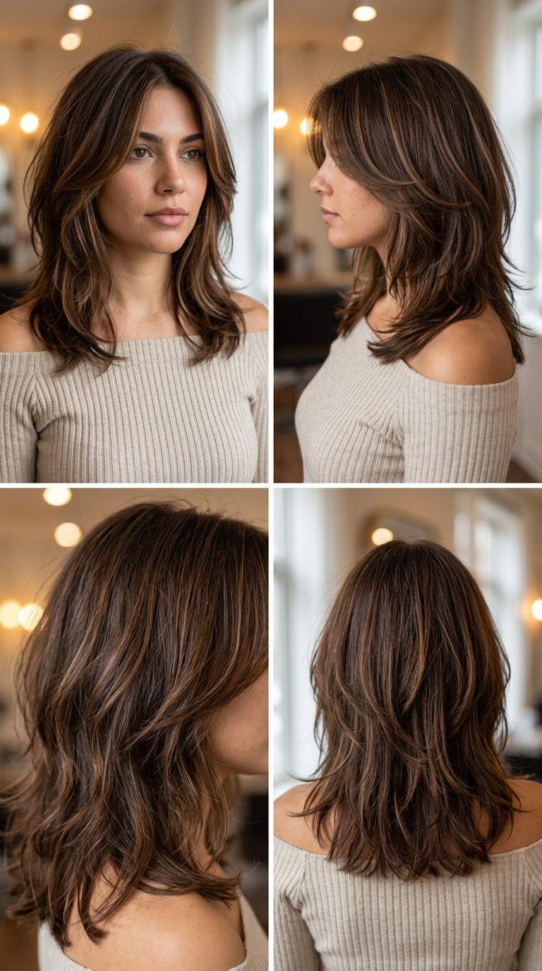 medium chocolate brown wolf cut with caramel babylights and soft blended layers