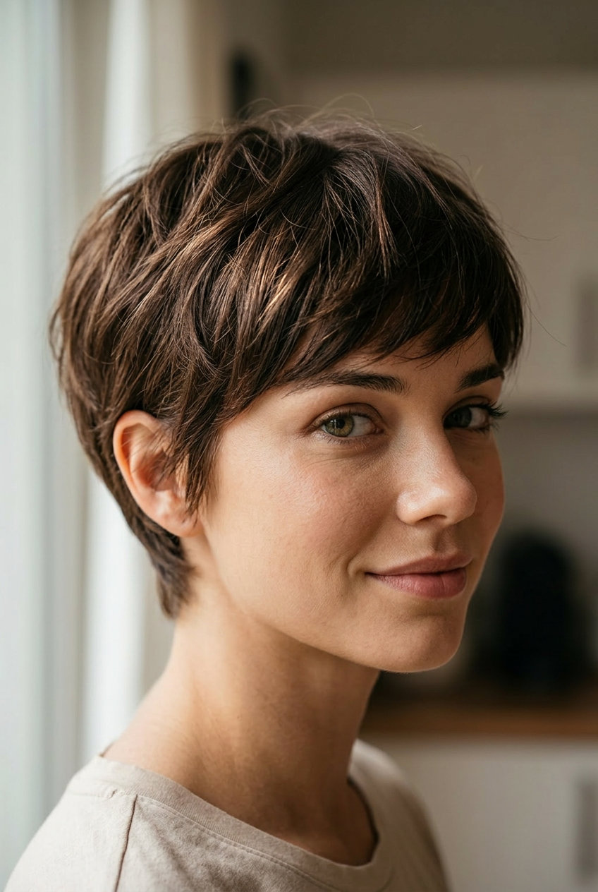 very short textured pixie haircut in deep chocolate brown with caramel micro-lights, gentle taper, feathered fringe — playful natural look