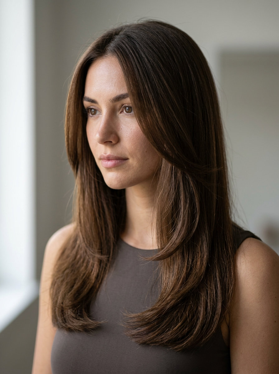long blunt haircut with internal ghost layers in chocolate brunette, mahogany undertones for formal