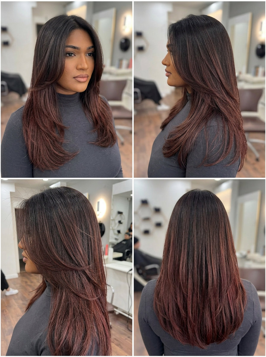 long chocolate cherry ombré with plum undertones, sleek blunt cut for modern style