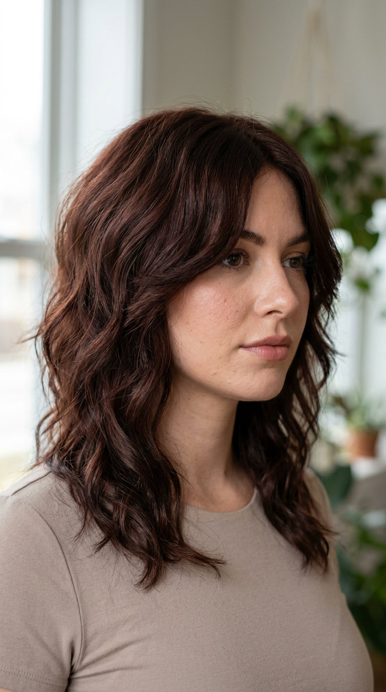 medium chocolate cherry brunette wolf cut with red-violet undertones, soft face-frame — vampy cocktail party style