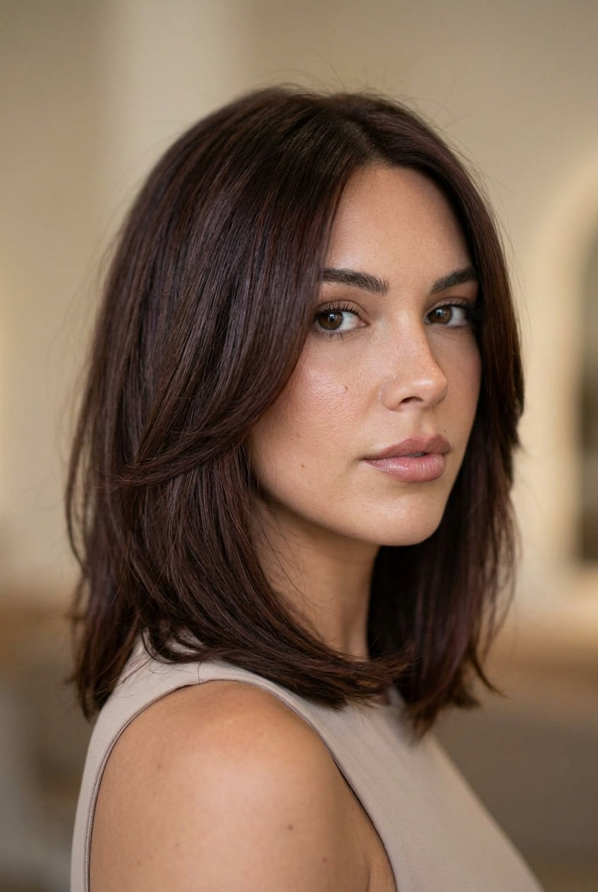 shoulder-length shag with rich chocolate & cherry undertones, face-framing fringe, graduated layers — warm elegant style