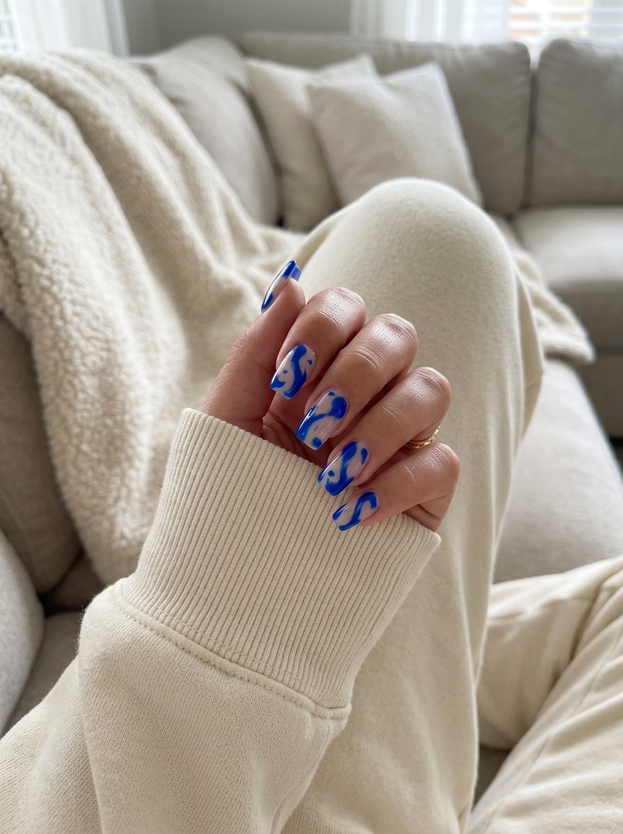 Cobalt blue abstract splash nails for festivals and concerts, bold summer nails for dark skin 2026.