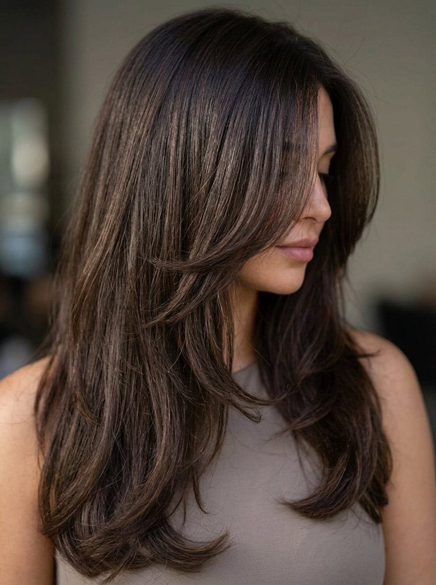 long haircut with deep cocoa brunette and cool espresso undertones, dark caramel lowlights, cascading layers — elegant sophisticated