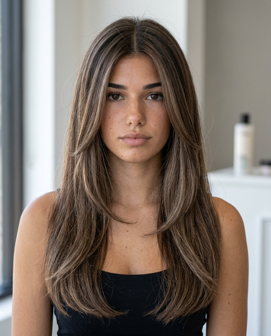 long U-shape cut with cool multi-tonal cold brew brunette, subtle ash-beige midlights, blunt ends — sophisticated, professional, expensive