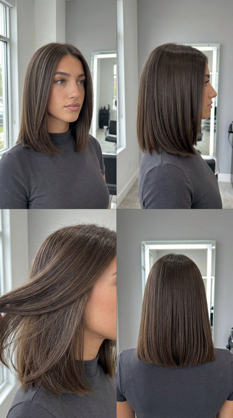 medium chocolate brunette hair color with cool neutral tones, sleek finish, high-gloss shine — sophisticated professional