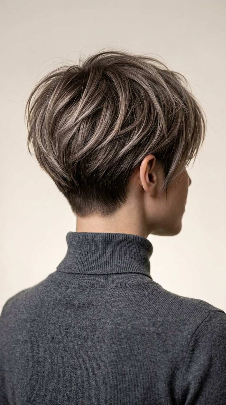 short asymmetrical pixie cut with cool cold brew brunette and side-swept bangs