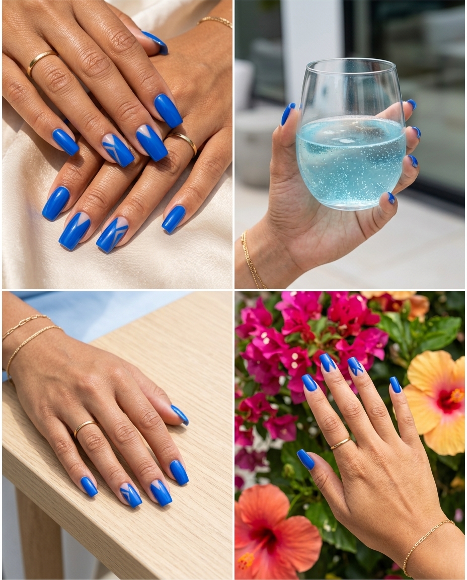 Electric blue negative space nails for colourful summer nails 2026, perfect for parties and modern art events. Edgy chic.