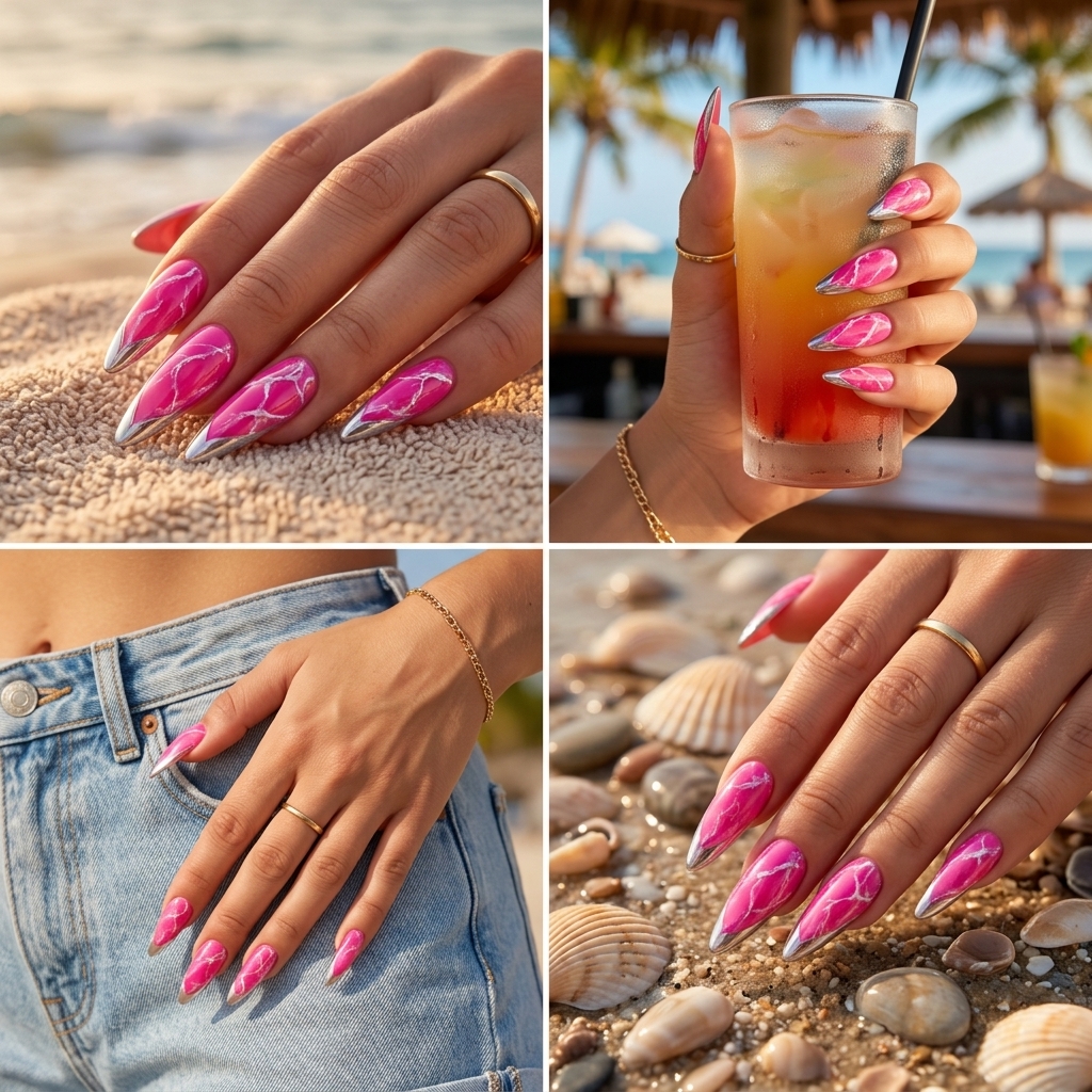 Hot pink chrome marble swirl nails for colourful summer nails 2026, ideal for parties and summer events. Glamorous and edgy.