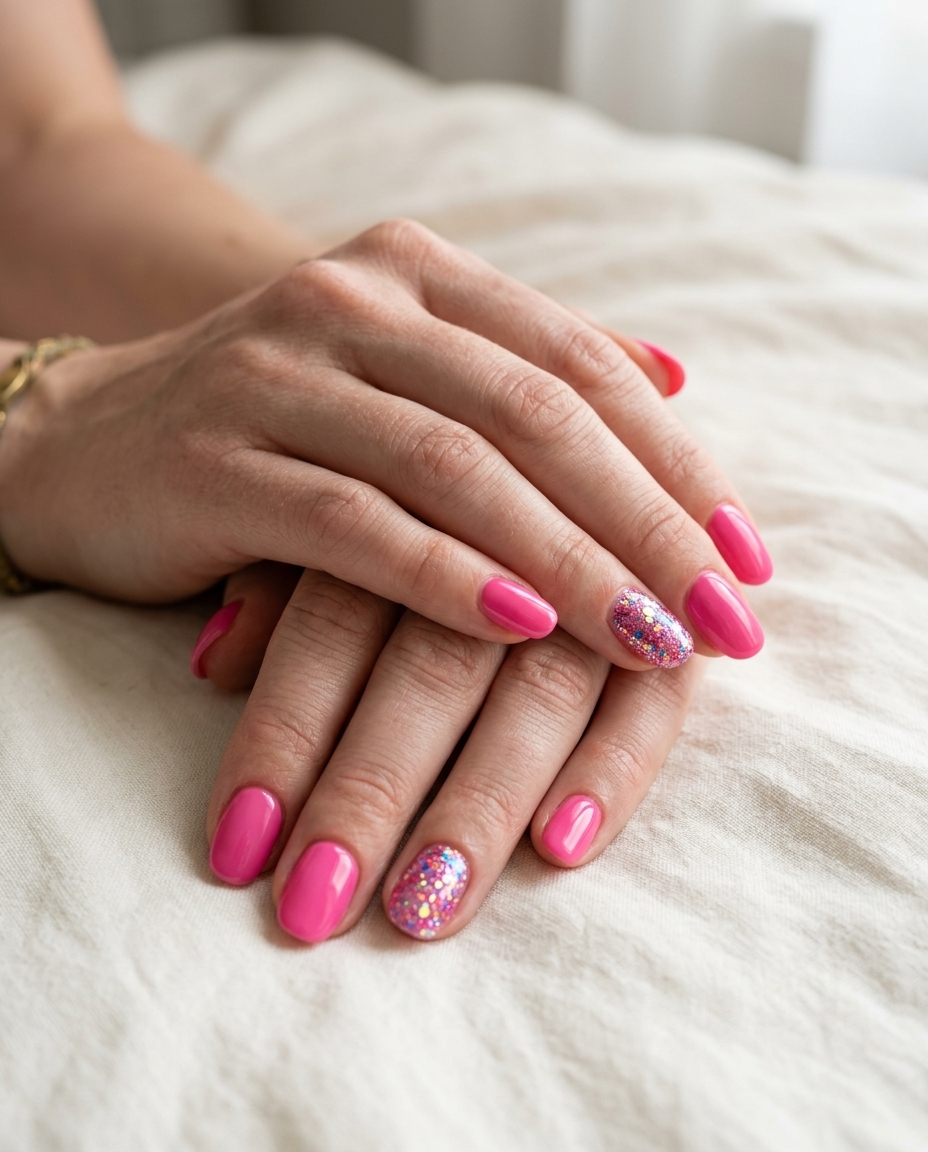 Hot pink glitter accent nails for colourful summer nails 2026, perfect for parties and concerts. Glamorous coffin shape.