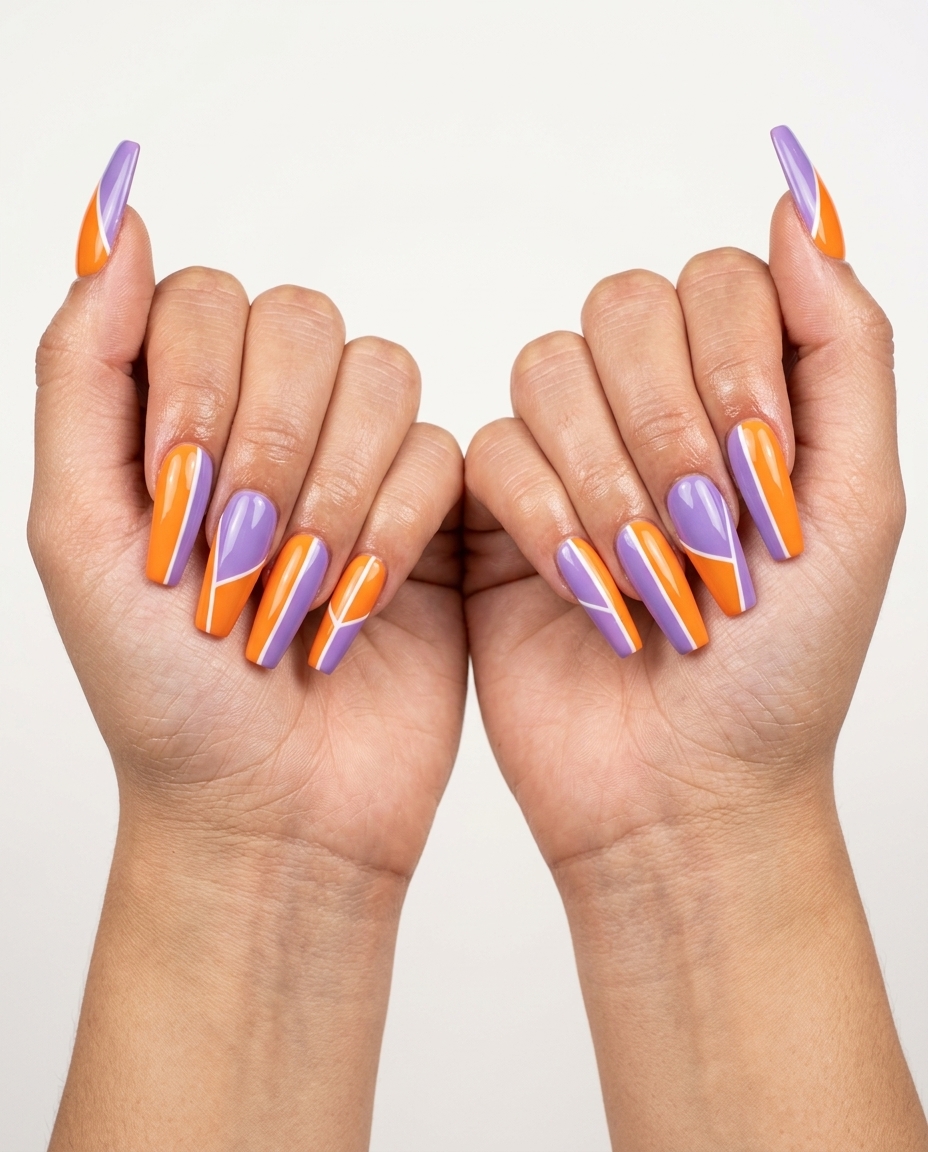 Bold juicy color block nails with tangerine and lavender for art gallery or summer party, colourful summer nails 2026.