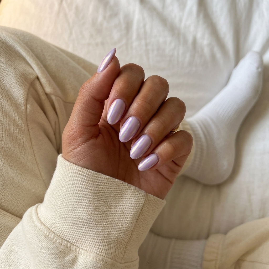 Lavender holographic glaze nails for date night, featuring a pearlescent shimmer. Colourful summer nails 2026.