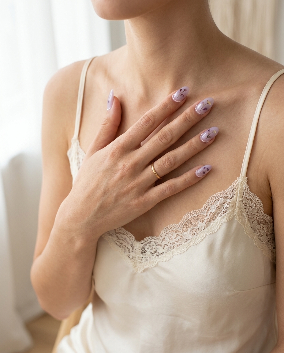 Milky lavender milk bath nails with micro-pearls for wedding guest or bridal shower, colourful summer nails 2026.