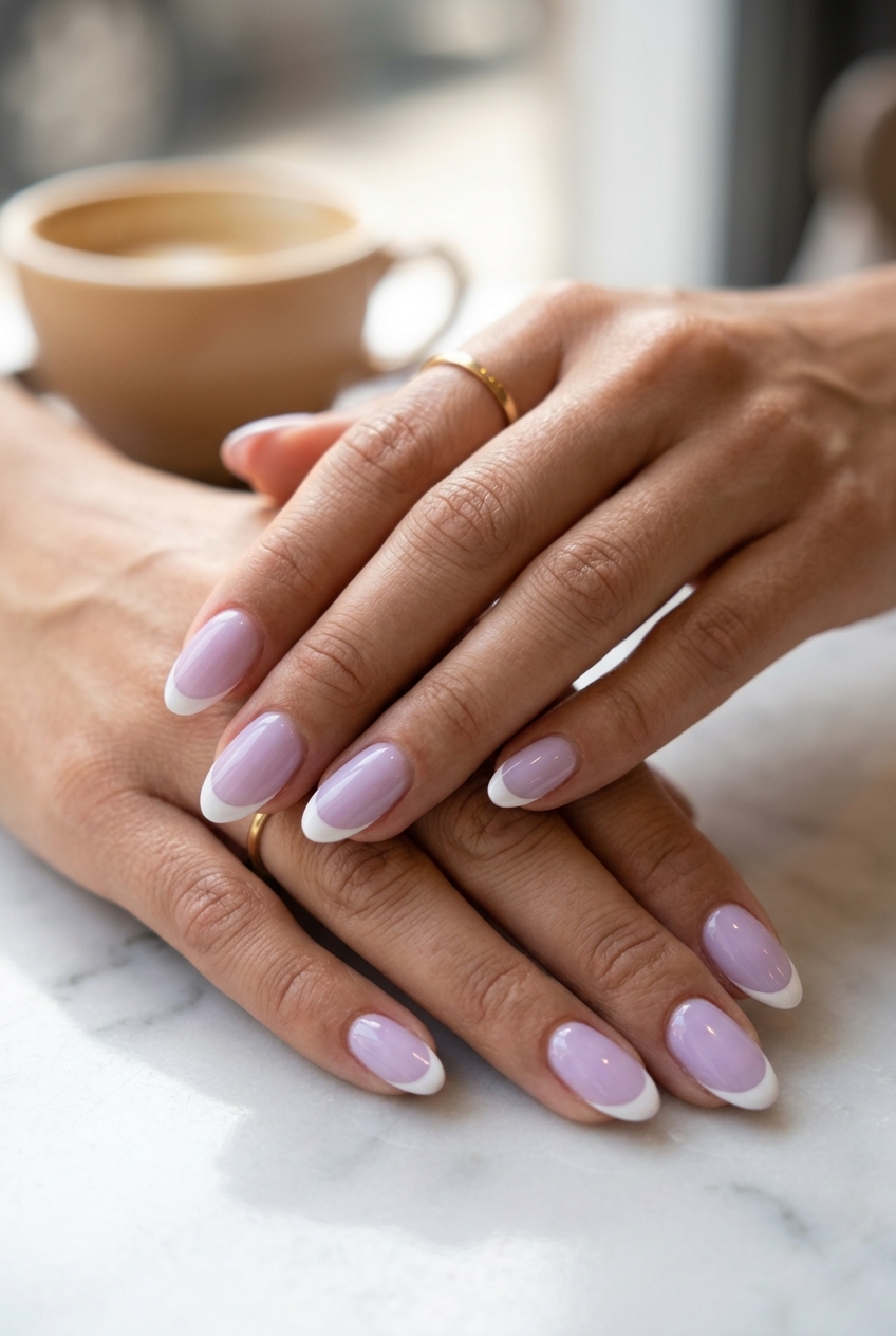 Sheer lavender French tip nails for weddings and special events. Colourful summer nails 2026.