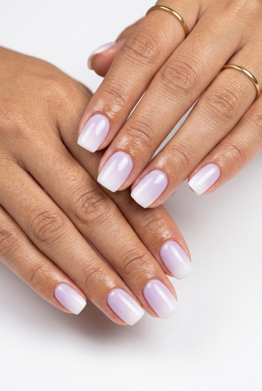 Soft lavender and white ombre nails for wedding guest or spring event, colourful summer nails 2026.