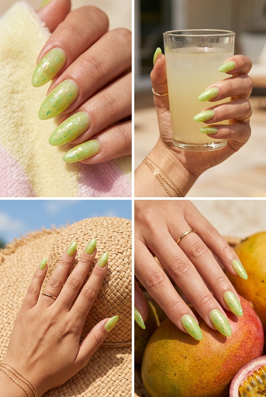Lime green foil sparkle nails for summer vacation or festival, bohemian style, colourful summer nails 2026.