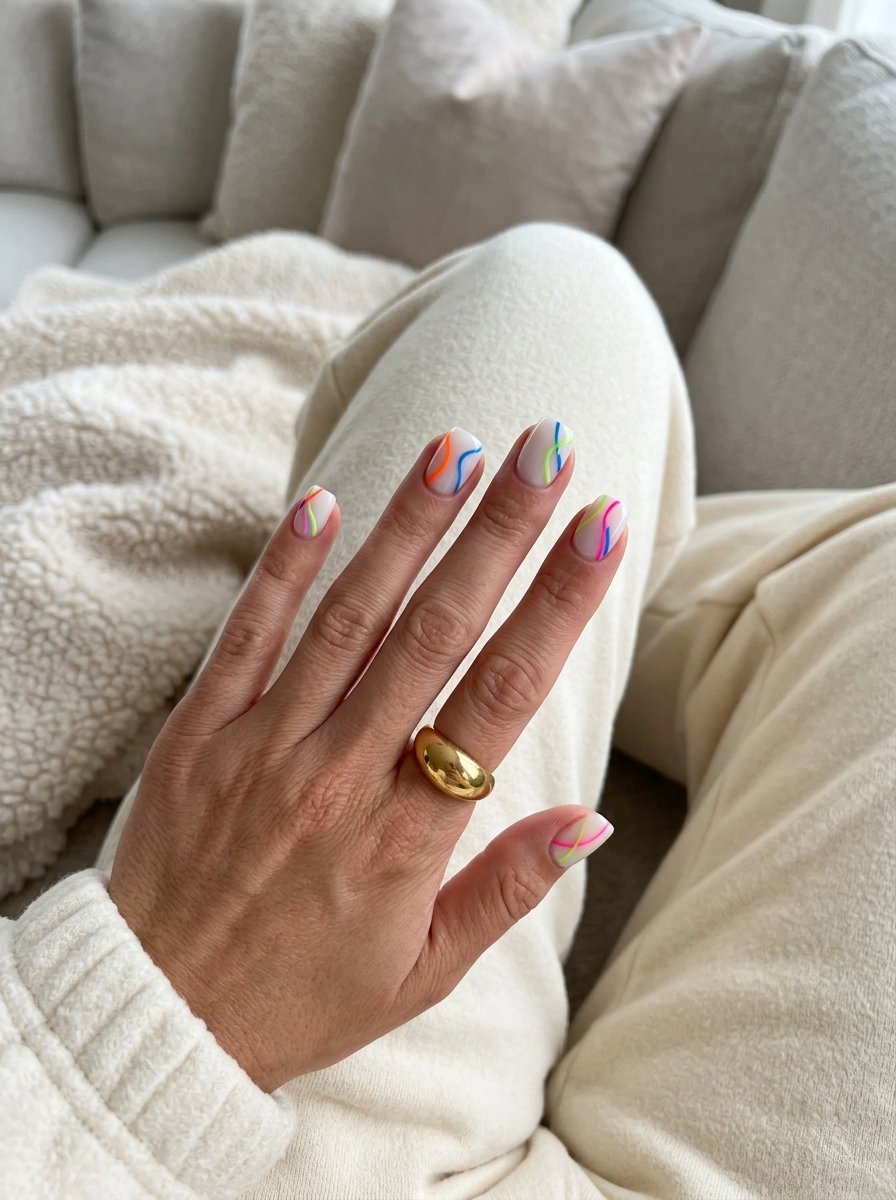 Milky white base with vibrant line art in tangerine, blue, green, pink for casual outing, colourful summer nails 2026.
