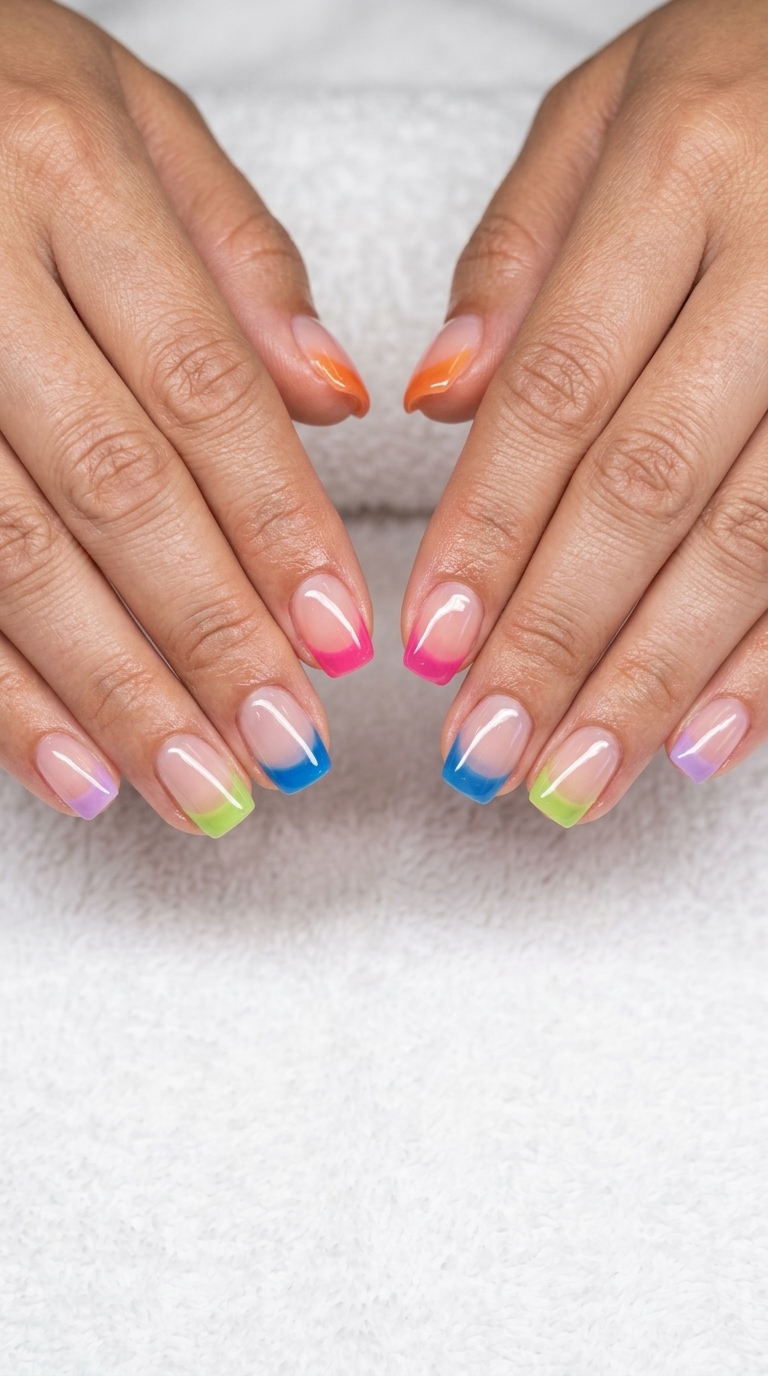 Rainbow jelly French tips for colourful summer nails 2026, great for vacations, festivals, and parties. Playful and bold.