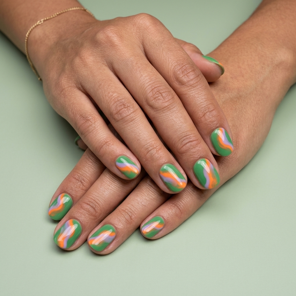 Sunset swirl almond nails in tangerine and lavender for summer vacation. Colourful summer nails 2026.